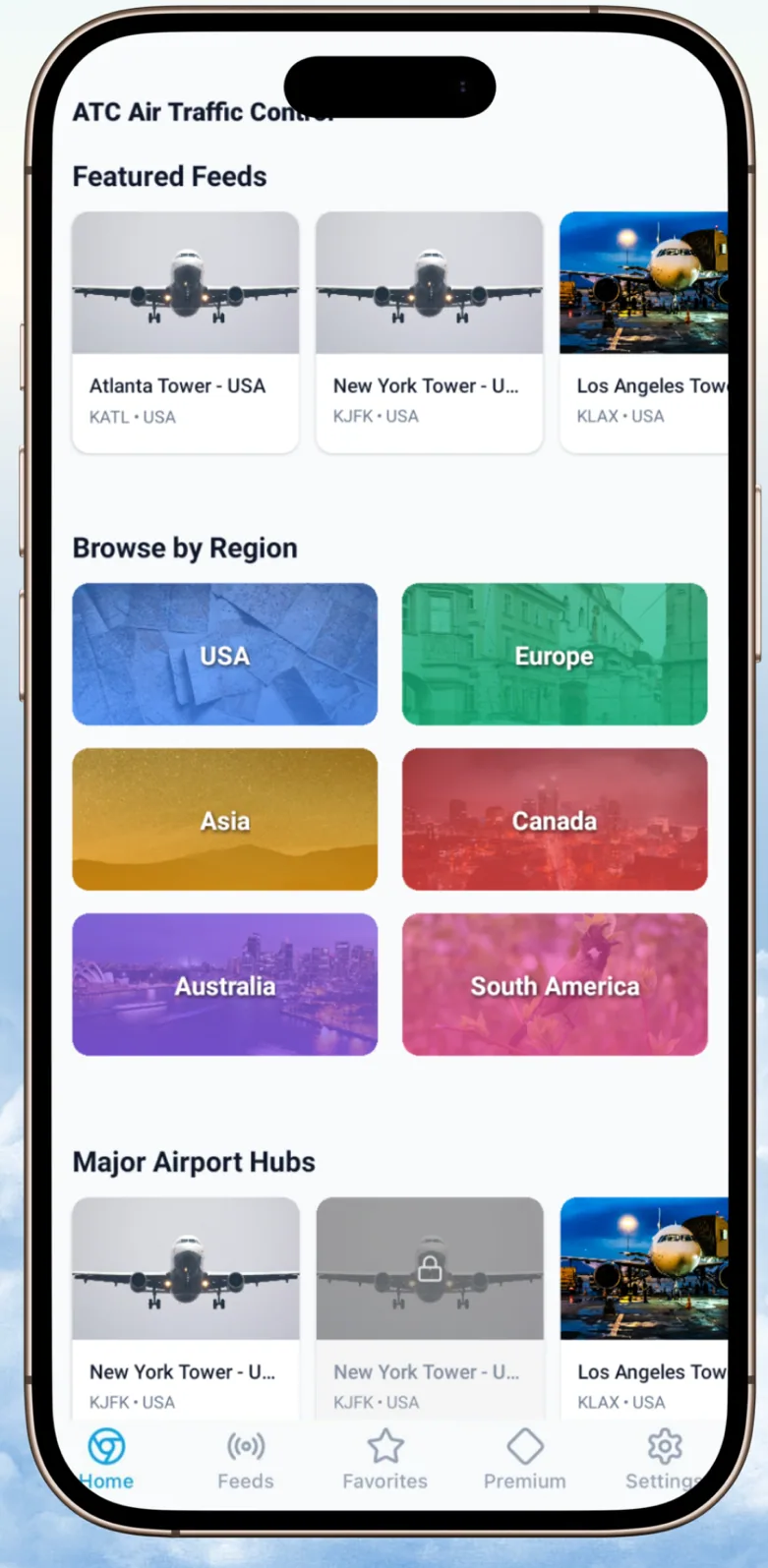 ATC Air Traffic Control home screen showing featured airport feeds and global region cards