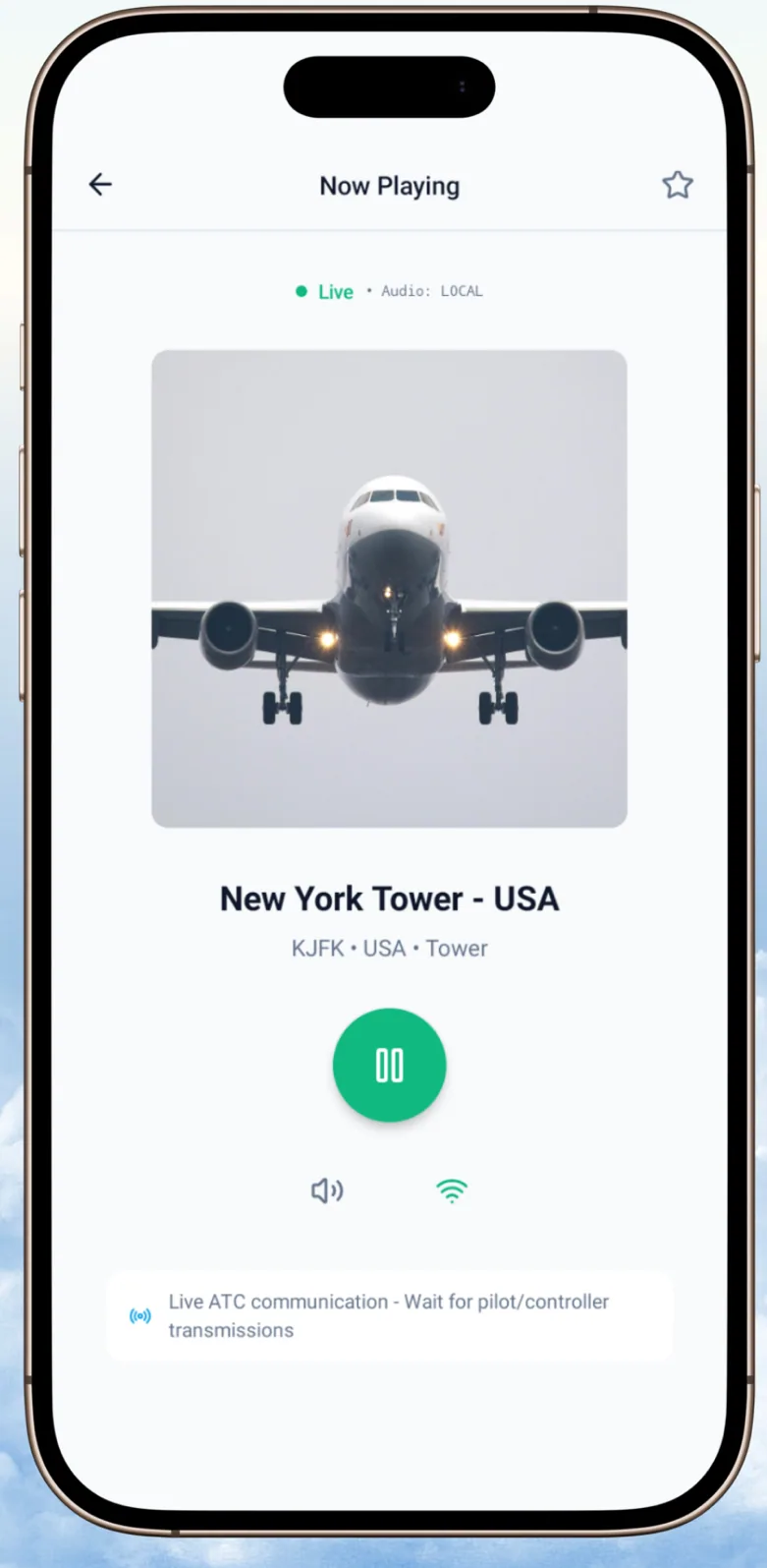 ATC Air Traffic Control Now Playing screen for New York Tower - USA with Live status and pause control