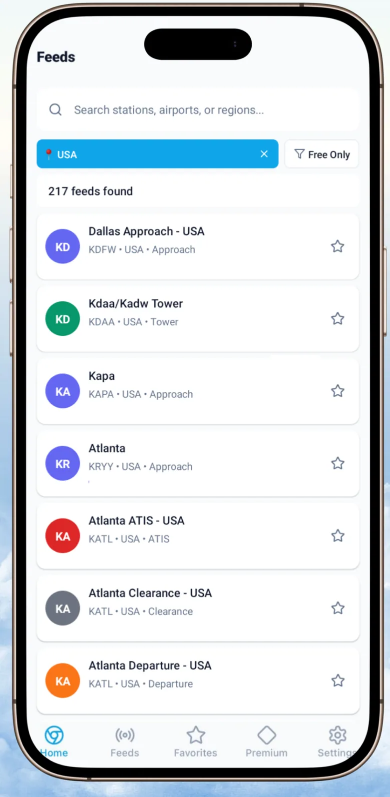ATC Air Traffic Control Feeds screen with search, USA filter, Free Only filter, and feed results