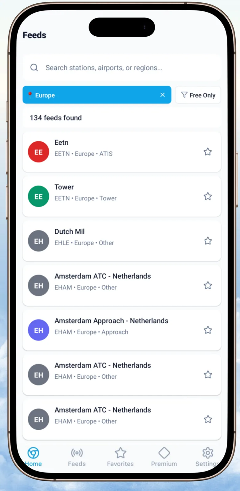 ATC Air Traffic Control Feeds screen with Europe filter, feed count, airport codes, and service types