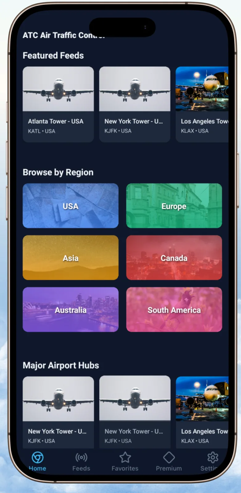 ATC Air Traffic Control home screen shown in dark mode