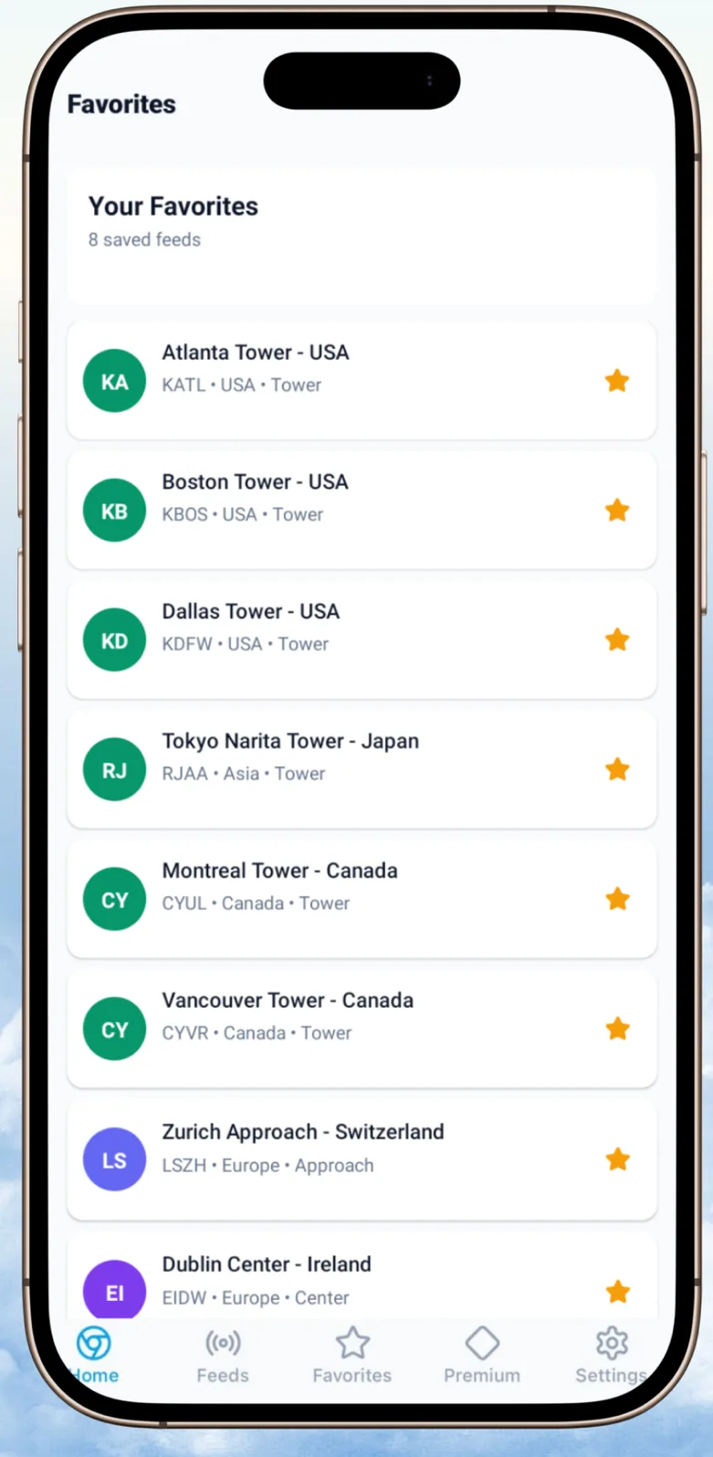ATC Air Traffic Control Favorites screen with saved airport feeds